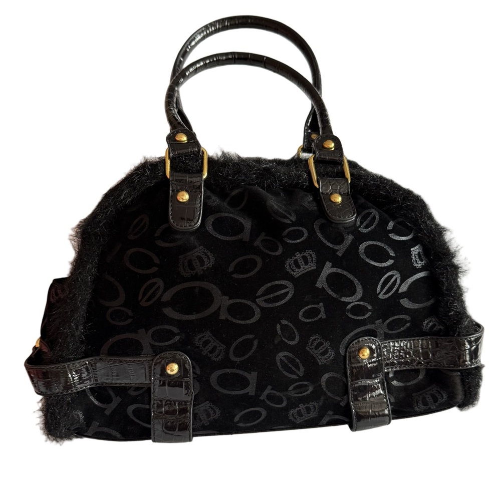Bebe Black Faux Fur Trim Logo Satchel Patent Croc Gold